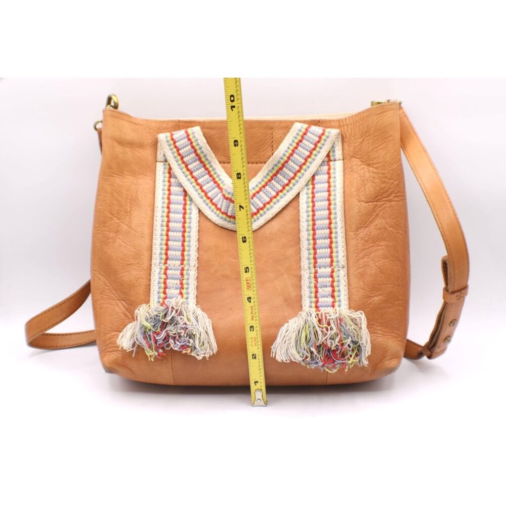 Madewell Tan Leather Crossbody Bag Handbag Colorful Striped Fringe Handles 10x10 - Picture 11 of 12